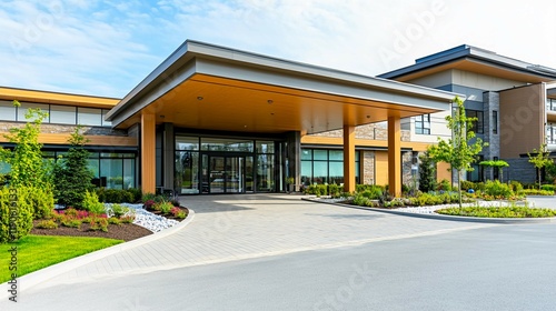 Senior care facility exterior with well-maintained garden and welcoming entrance. Emphasizing comfort and dignity in elderly living environments.