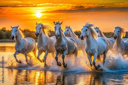 Camargue Horses Galloping at Sunrise: Panoramic Coastal Scene