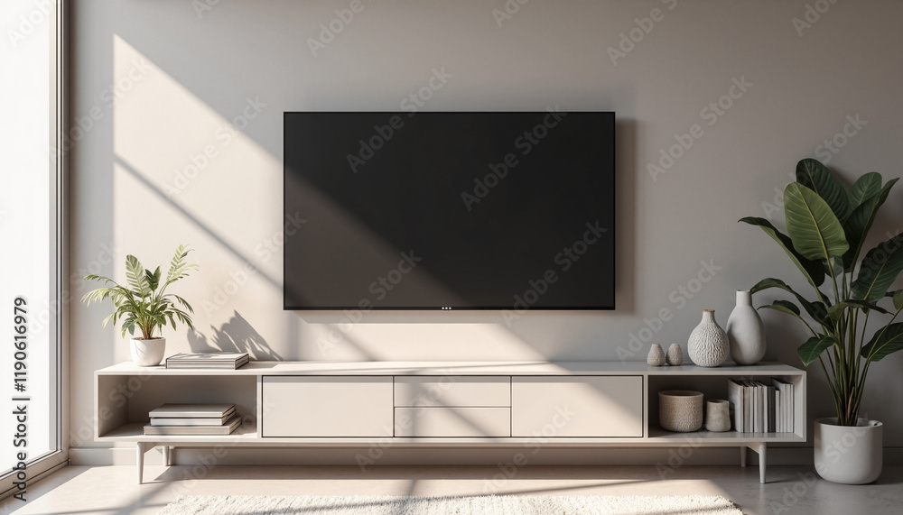 Obraz premium Modern living room with TV and decorative plants