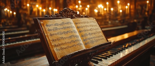 [Church pew with open hymnal or prayer book] Serene Sanctuary Dimly Lit Church Pew with Open Hymnal Amidst Warm Candles Glow
