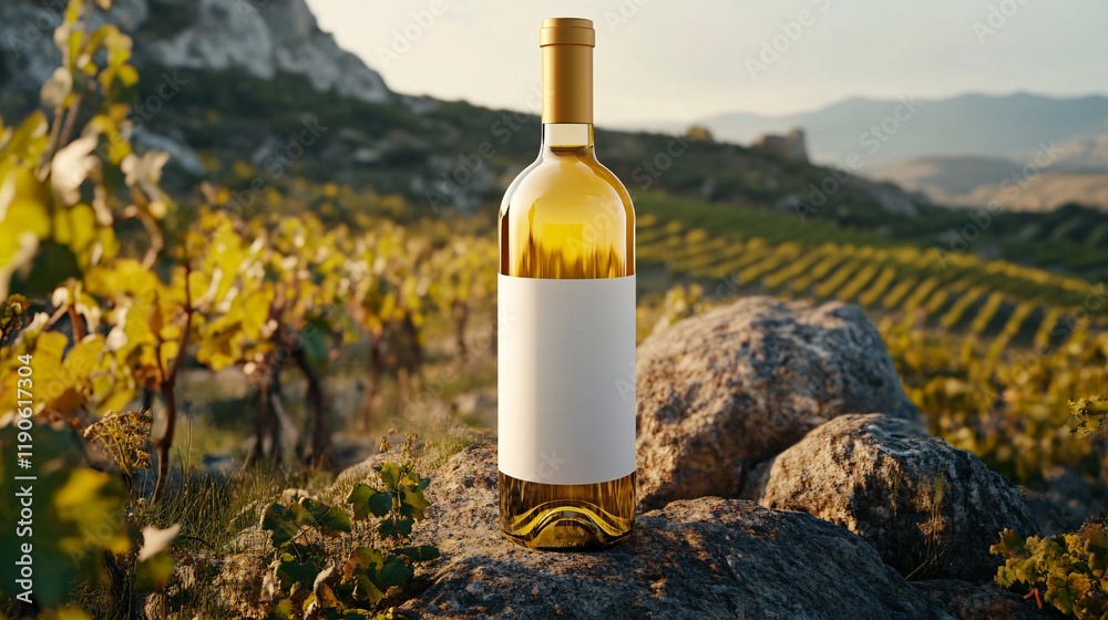 Wine bottle with blank white label on vineyard background. Winemaking concept. Wine bottle with blank white label on vineyard background. Winemaking concept.