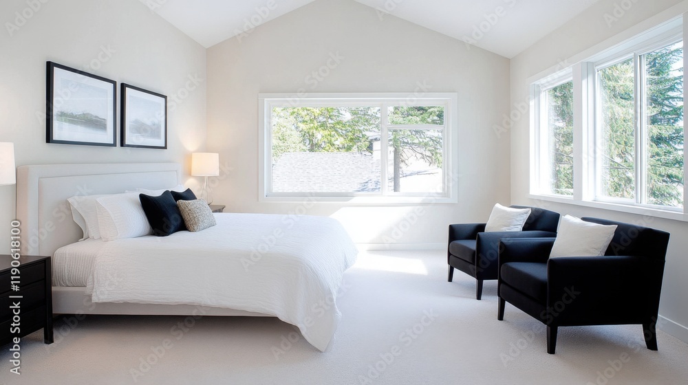 A bright bedroom with minimalist furniture, natural light creating a serene interplay of highlights and shadows A bright bedroom with minimalist furniture, natural light creating a serene interplay of highlights and shadows