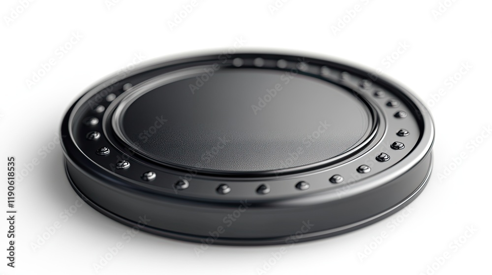 Close-up of a realistic 3D round reel holder for graphic ID card badges, isolated against white Close-up of a realistic 3D round reel holder for graphic ID card badges, isolated against white
