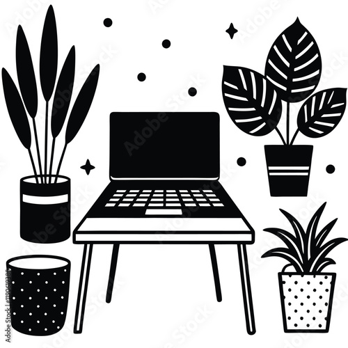 Workstation with Laptop and Decorative Plants desk desk area home space