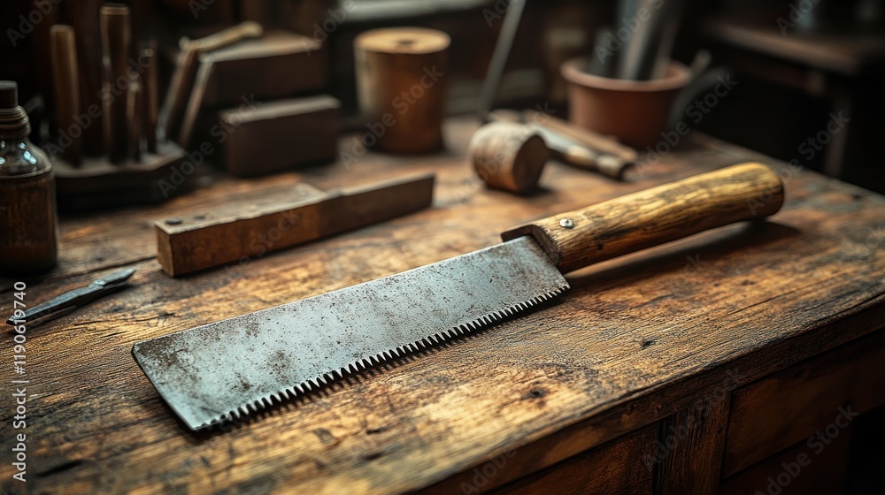 Old hand saw on rustic wooden workbench. Old hand saw on rustic wooden workbench.