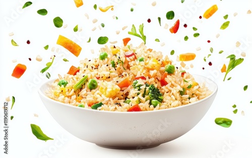 A serving of fried rice with colorful vegetables flying in mid-air and soy sauce droplets on a white background