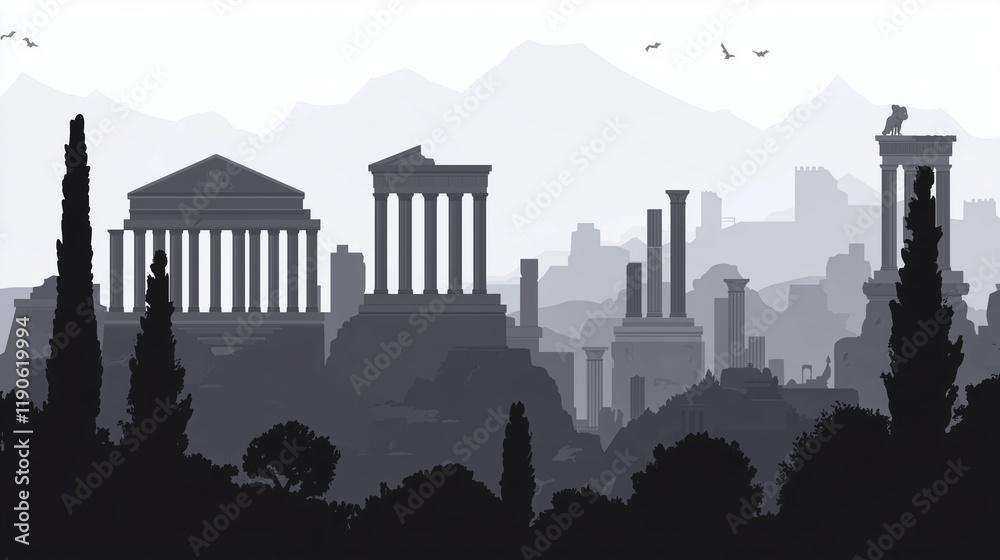 Fototapeta premium Skyline de una ciudad clásica con templos y columnas