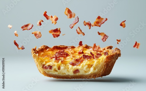 A serving of quiche Lorraine with flying cheese shreds and bacon bits on a pastel gray backdrop photo