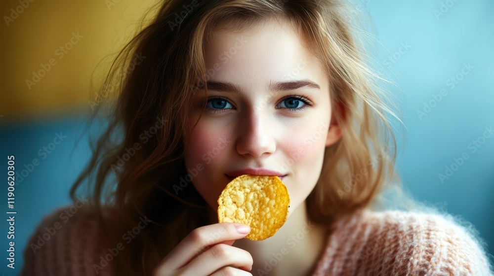 Young Caucasian woman enjoying a cookie, smiling at camera with soft, natural light. Young Caucasian woman enjoying a cookie, smiling at camera with soft, natural light.