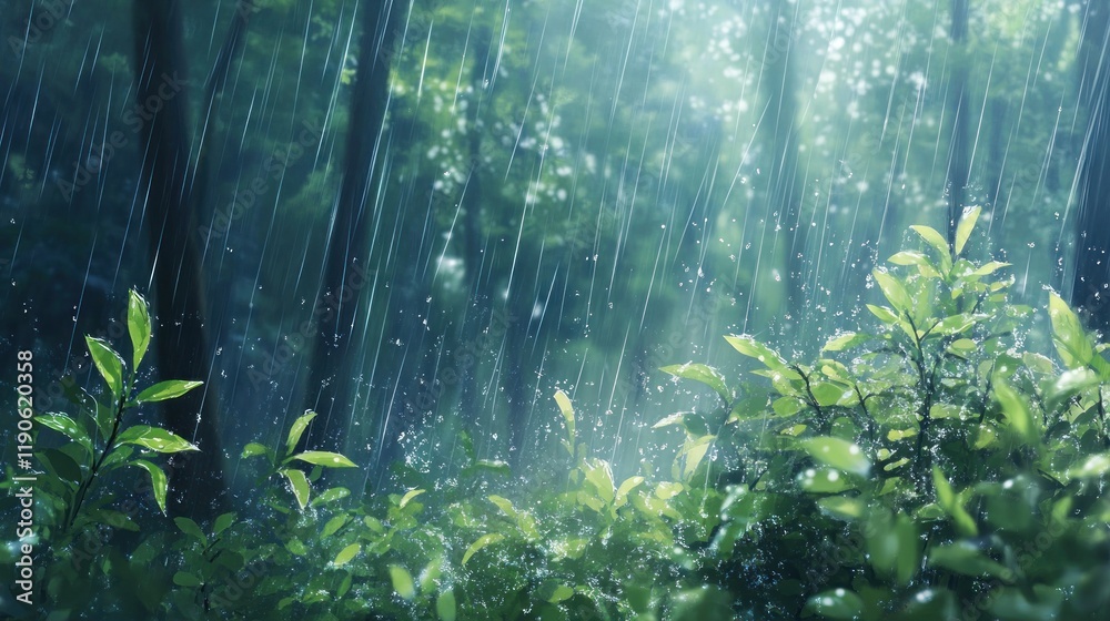 Obraz premium Rain falling on lush green forest, sunlight breaking through canopy.