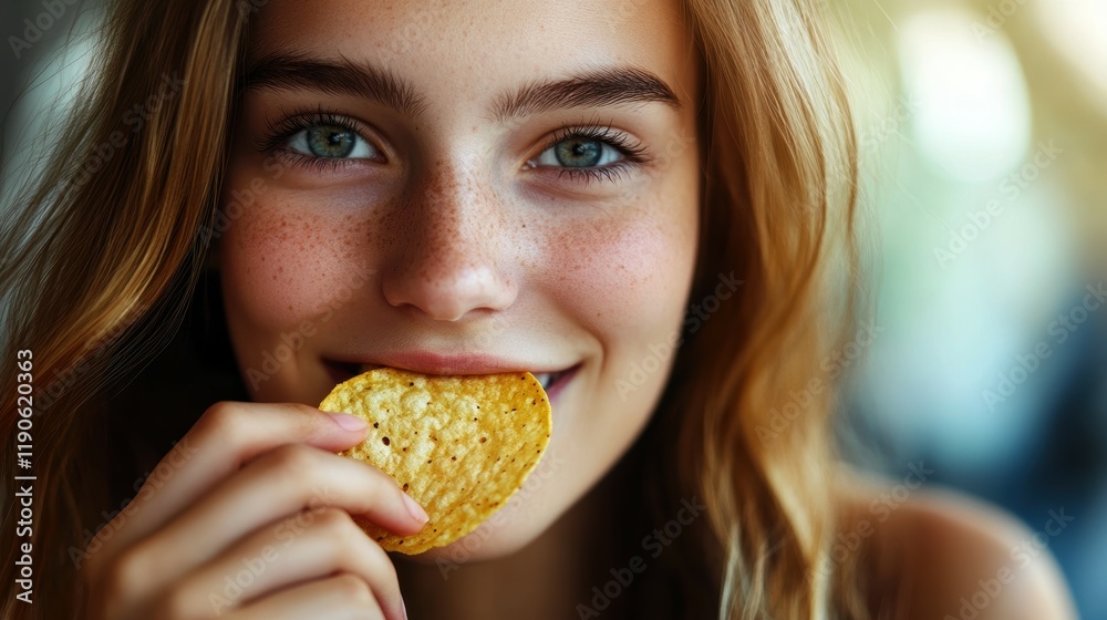 A young girl with freckles enjoys a cracker with a bright smile. A young girl with freckles enjoys a cracker with a bright smile.
