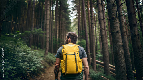 Obraz na płótnie Man with yellow backpack hiking trough forest, adventure and lifestyle concept, nature background w salonie