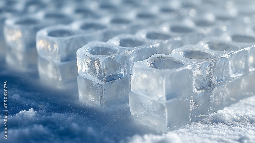 Close-up View of Ice Sample Grid Showcasing Transparent Ice Cubes Resting on Snow Close-up View of Ice Sample Grid Showcasing Transparent Ice Cubes Resting on Snow