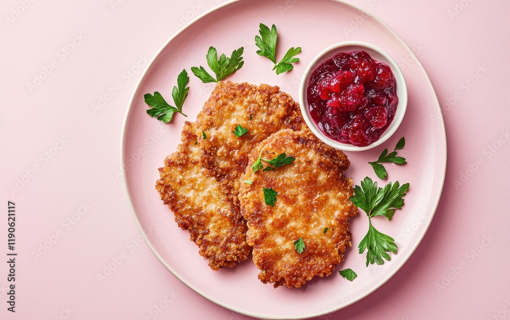 Fototapeta premium A serving of pork schnitzel with flying cranberry sauce and parsley on a pastel pink backdrop