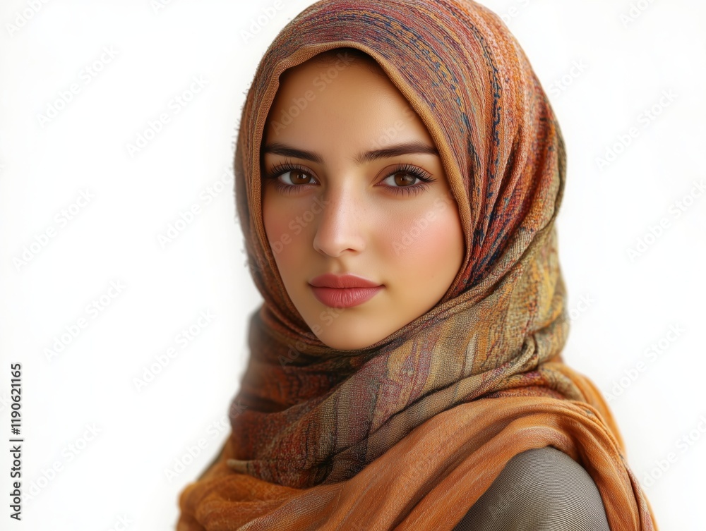 Elegant woman in colorful hijab poses gracefully against a neutral backdrop Elegant woman in colorful hijab poses gracefully against a neutral backdrop