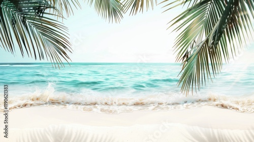 Wallpaper Mural A beach scene with ocean waves and palm leaves, isolated on a white background.

 Torontodigital.ca