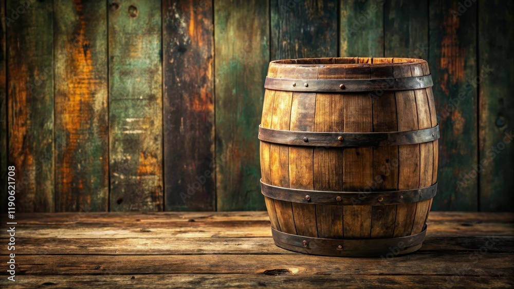 Weathered wooden barrel against a rustic background with a worn old table , decay, antique, decay, antique, old Weathered wooden barrel against a rustic background with a worn old table , decay, antique, decay, antique, old