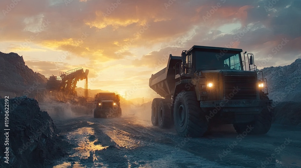 Heavy loaders operating in a gravel mine at sunset. Heavy loaders operating in a gravel mine at sunset.