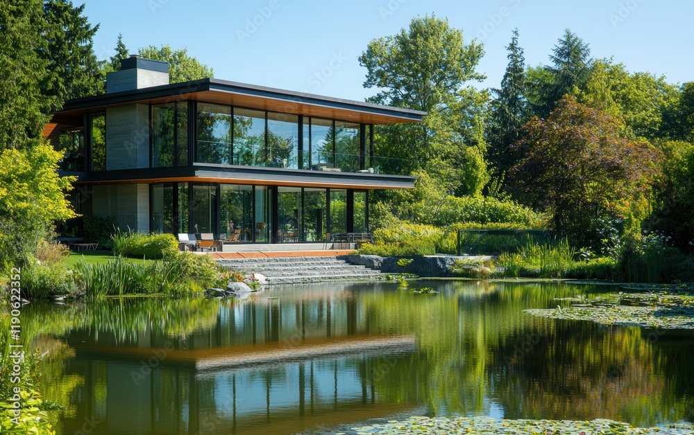 A sleek modern house with large glass windows overlooking a tranquil lake, surrounded by lush greenery on a sunny day A sleek modern house with large glass windows overlooking a tranquil lake, surrounded by lush greenery on a sunny day