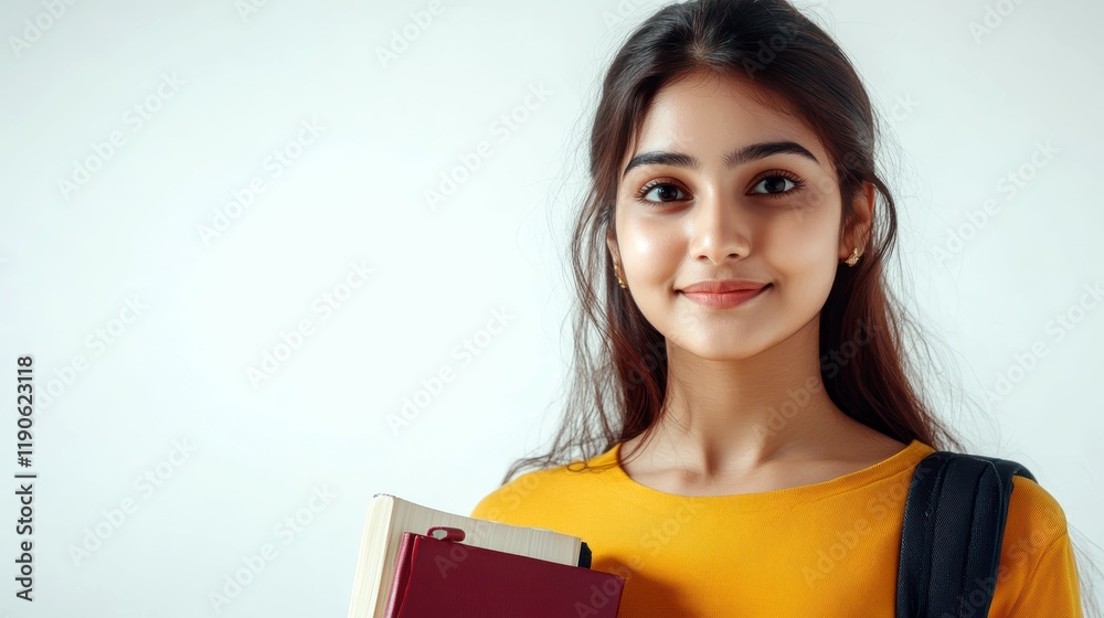 Smiling young South Asian woman with books in hand and a backpack on her shoulder. Smiling young South Asian woman with books in hand and a backpack on her shoulder.
