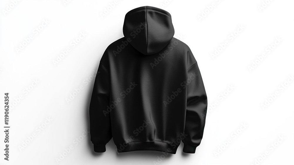Rear view of a plain black hoodie on white background. Rear view of a plain black hoodie on white background.
