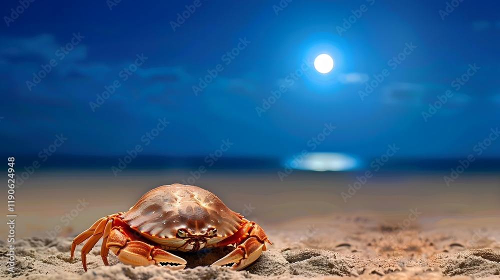 A close-up of a crab positioned on a beach at night. A close-up of a crab positioned on a beach at night.