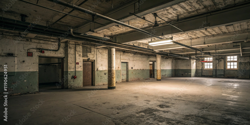 A Gritty Empty Basement Room with Dilapidated Features and Raw Charm A Gritty Empty Basement Room with Dilapidated Features and Raw Charm