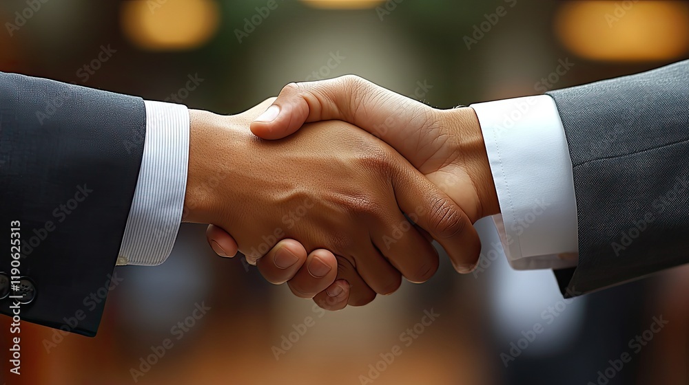Close-up view of two people in business attire shaking hands in a corporate setting Close-up view of two people in business attire shaking hands in a corporate setting