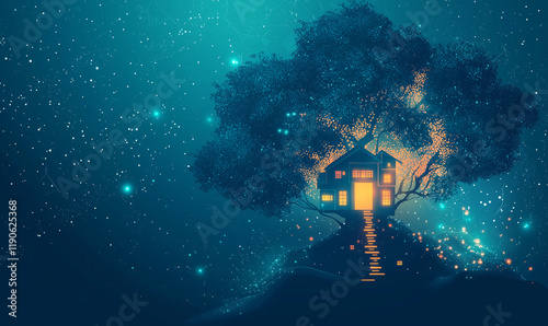 A magical treehouse glowing amidst a starry night, surrounded by sparkling lights and a serene atmosphere. photo