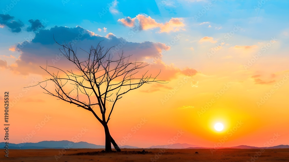 A lone, leafless tree stands silhouetted against a vibrant sunset sky, showcasing a mix of warm, colorful hues. A lone, leafless tree stands silhouetted against a vibrant sunset sky, showcasing a mix of warm, colorful hues.