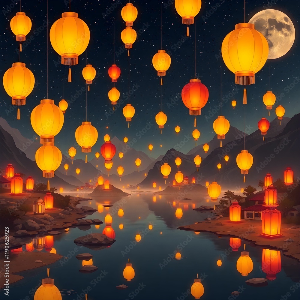 Obraz premium Chinese lanterns floating on the river in the night. 3d rendering Lantern Festival