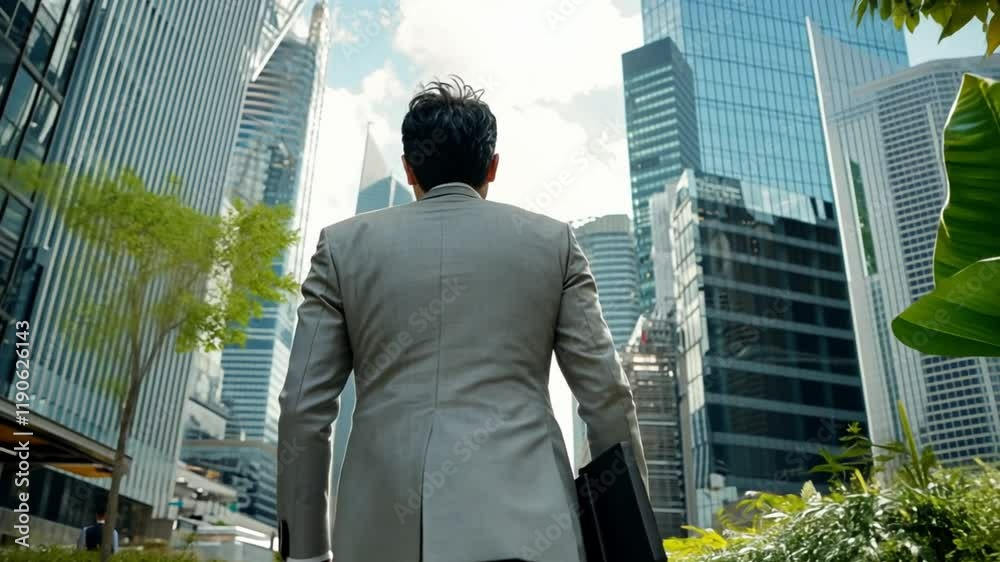 A businessman walks through a modern cityscape, carrying a briefcase and dressed in a suit. A businessman walks through a modern cityscape, carrying a briefcase and dressed in a suit.