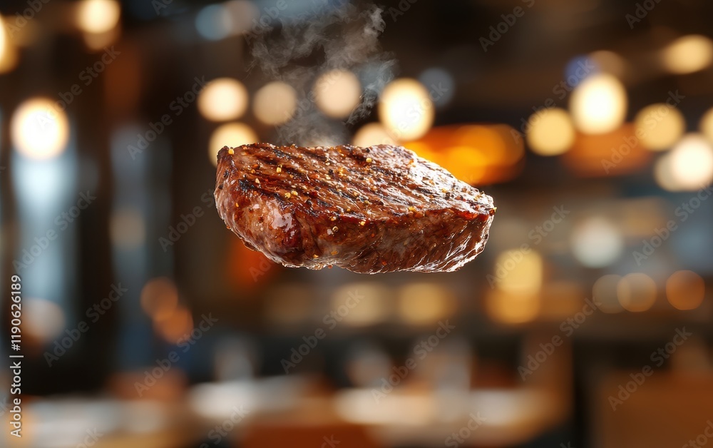 A thick cut of steak, airborne, with a contemporary restaurant setting blurred behind it A thick cut of steak, airborne, with a contemporary restaurant setting blurred behind it