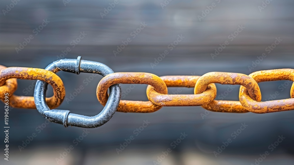 This close-up image showcases a section of a rusty metal chain with a dark gray link connecting to an orange-brown rusty chain. This close-up image showcases a section of a rusty metal chain with a dark gray link connecting to an orange-brown rusty chain.