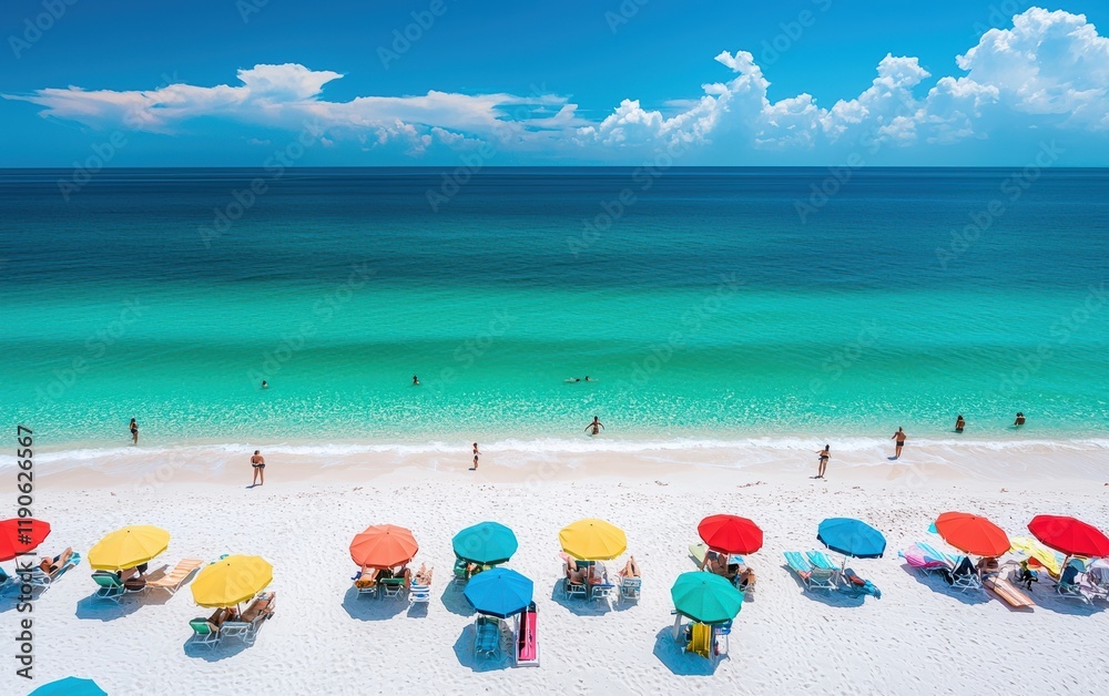 A vibrant beach scene with colorful umbrellas, people relaxing on the sand, and a calm ocean stretching to the horizon A vibrant beach scene with colorful umbrellas, people relaxing on the sand, and a calm ocean stretching to the horizon