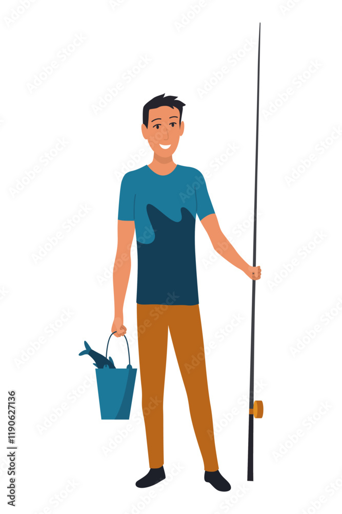 Cartoon men fishing. Male fishermen character with fishing rods on lake, summer catching process, men hobby recreation, leisure time, vector Cartoon men fishing. Male fishermen character with fishing rods on lake, summer catching process, men hobby recreation, leisure time, vector