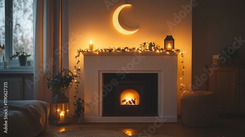 A minimalist living room with a crescent moon garland hanging subtly above a fireplace, a small lantern on the mantle, and soft glowing string lights for a warm festive touch. photo