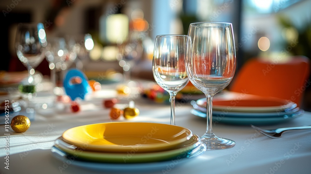 Purim dinner table with a white tablecloth, colorful plates, and wine glasses. Small decorative items like purim masks and a few scattered candies create a fun, festive atmosphere for the family. Purim dinner table with a white tablecloth, colorful plates, and wine glasses. Small decorative items like purim masks and a few scattered candies create a fun, festive atmosphere for the family.