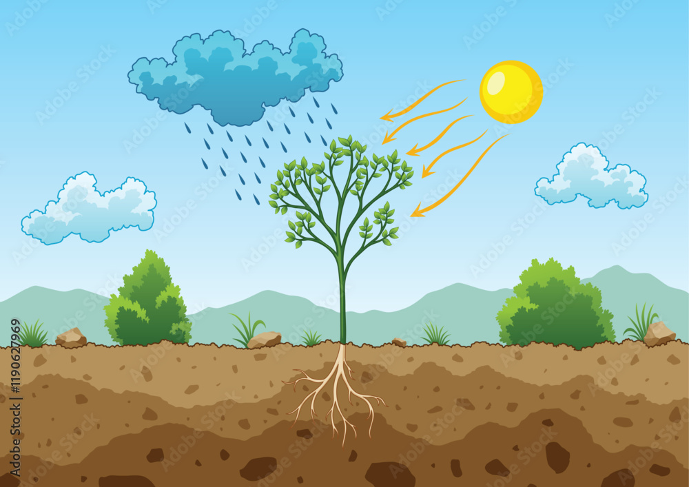 Photosynthesis process. Tree produce oxygen using rain and sun. Diagram showing process of photosynthesis in plant. Colorful biology scheme for education in flat style