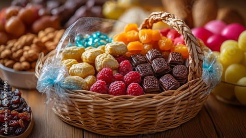 Mishloach Manot gift basket filled with colorful treats like hamantaschen, chocolates, dried fruit, and nuts. The basket is wrapped in clear cellophane with a colorful ribbon and a festive card photo