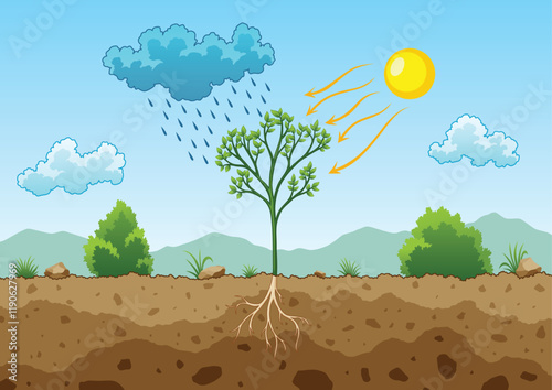 Obraz na płótnie Photosynthesis process. Tree produce oxygen using rain and sun. Diagram showing process of photosynthesis in plant. Colorful biology scheme for education in flat style w salonie