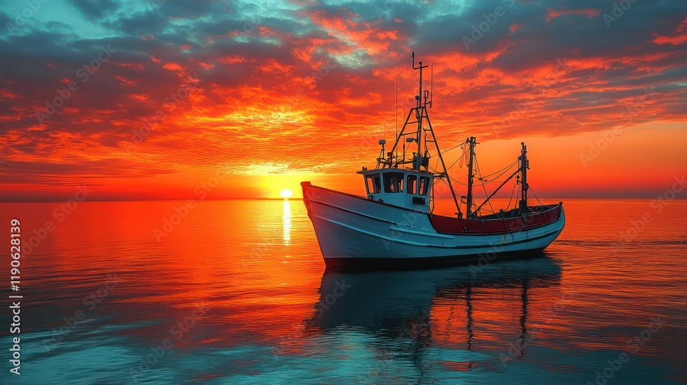 Fototapeta premium Fishing Boat at Sunset: A Serene Coastal Scene