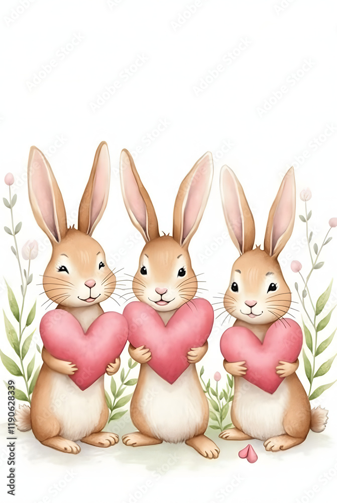 Obraz premium Watercolor painting of three bunnies holding pink hearts, surrounded by delicate plants and charming details.