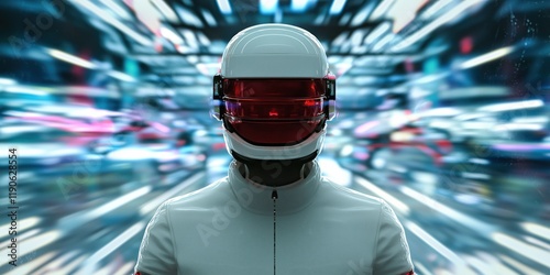 Futuristic figure in a sleek white suit and helmet with a red visor, set against a dynamic motion blur background of neon lights in a high-tech environment. photo