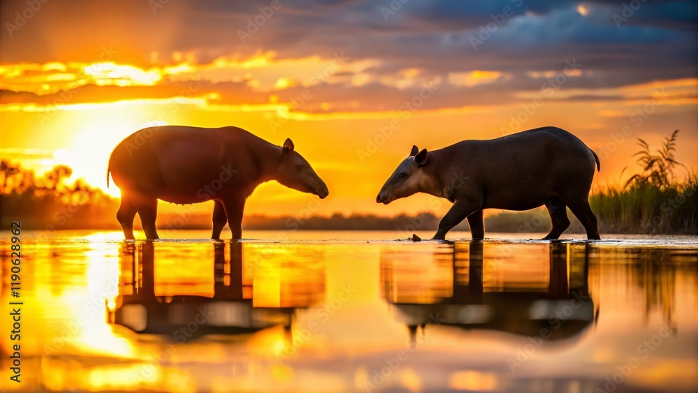 custom made wallpaper toronto digitalLowland Tapir Pair Silhouette, Water, Wildlife, Brazil, Amazon Rainforest