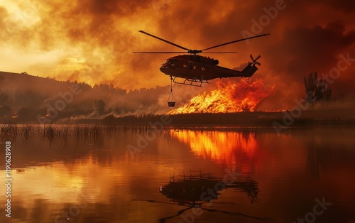 A firefighting helicopter refilling its bucket from a nearby lake as the wildfire rages in the background photo