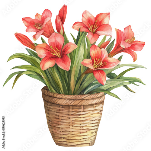 A watercolor of a Ginger Lily bouquet in a basket, isolated on a white background. Ginger Lily bouquet vector.

