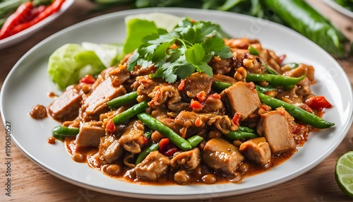 Stir fried sliced pork and red curry paste with sting bean in white plate,pad prik gaeng
 photo