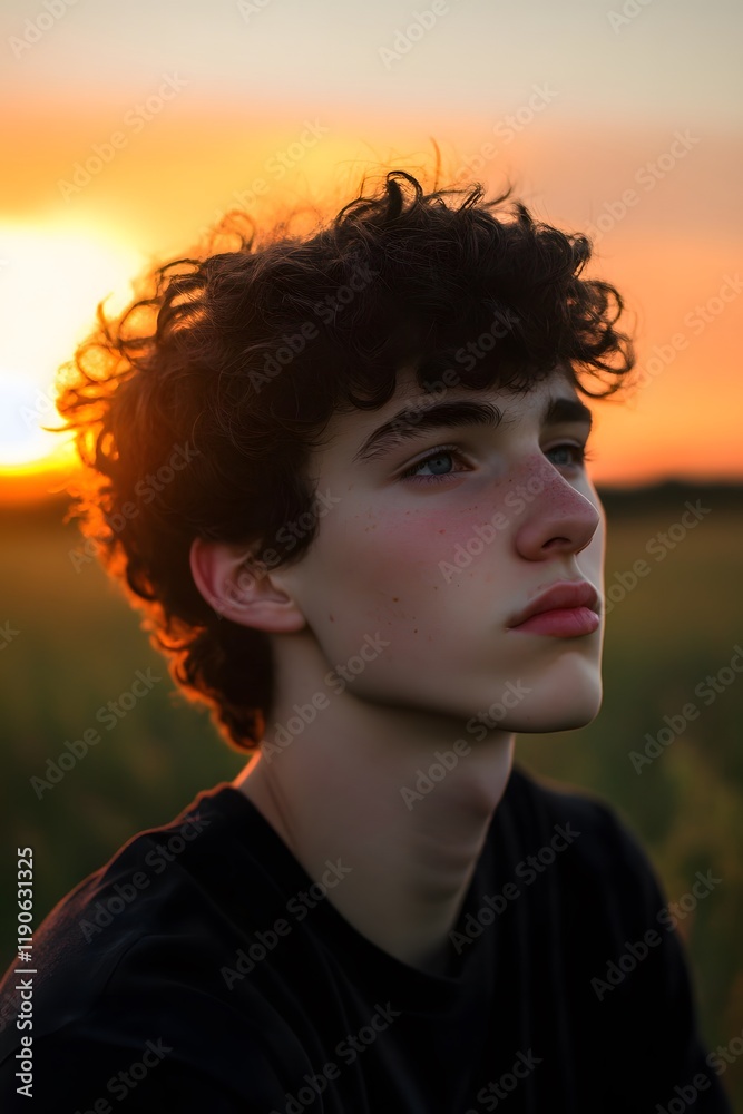 Young Man Sunset Portrait Curly Hair Hopeful Gaze Young Man Sunset Portrait Curly Hair Hopeful Gaze
