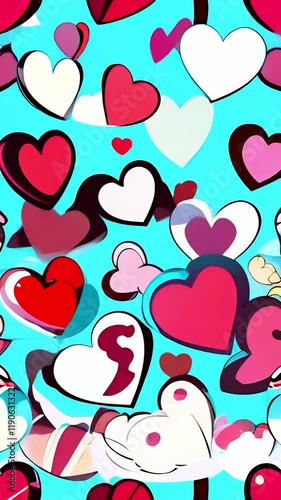 colorful hearts dance on a bright blue background, creating a festive cheerful atmosphere. perfect animation for celebrations or romantic moments. looped seamless background. ai.